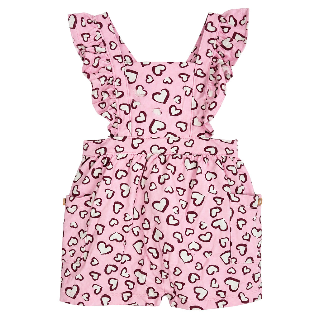 Pink Heart Print Ruffled Overalls Dress Romper with Pockets 1
