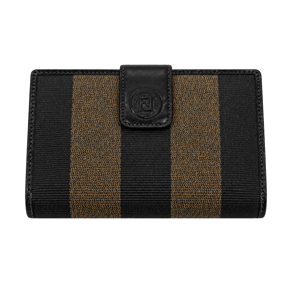 Fendi Pequin Stripe Kiss Lock Wallet Brown Black Canvas Leather with COA 1