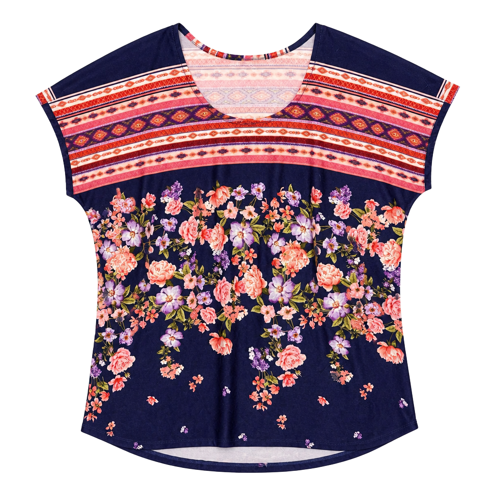 White Birch Floral and Aztec Print Short Sleeve Blouse Top Navy Size S 1