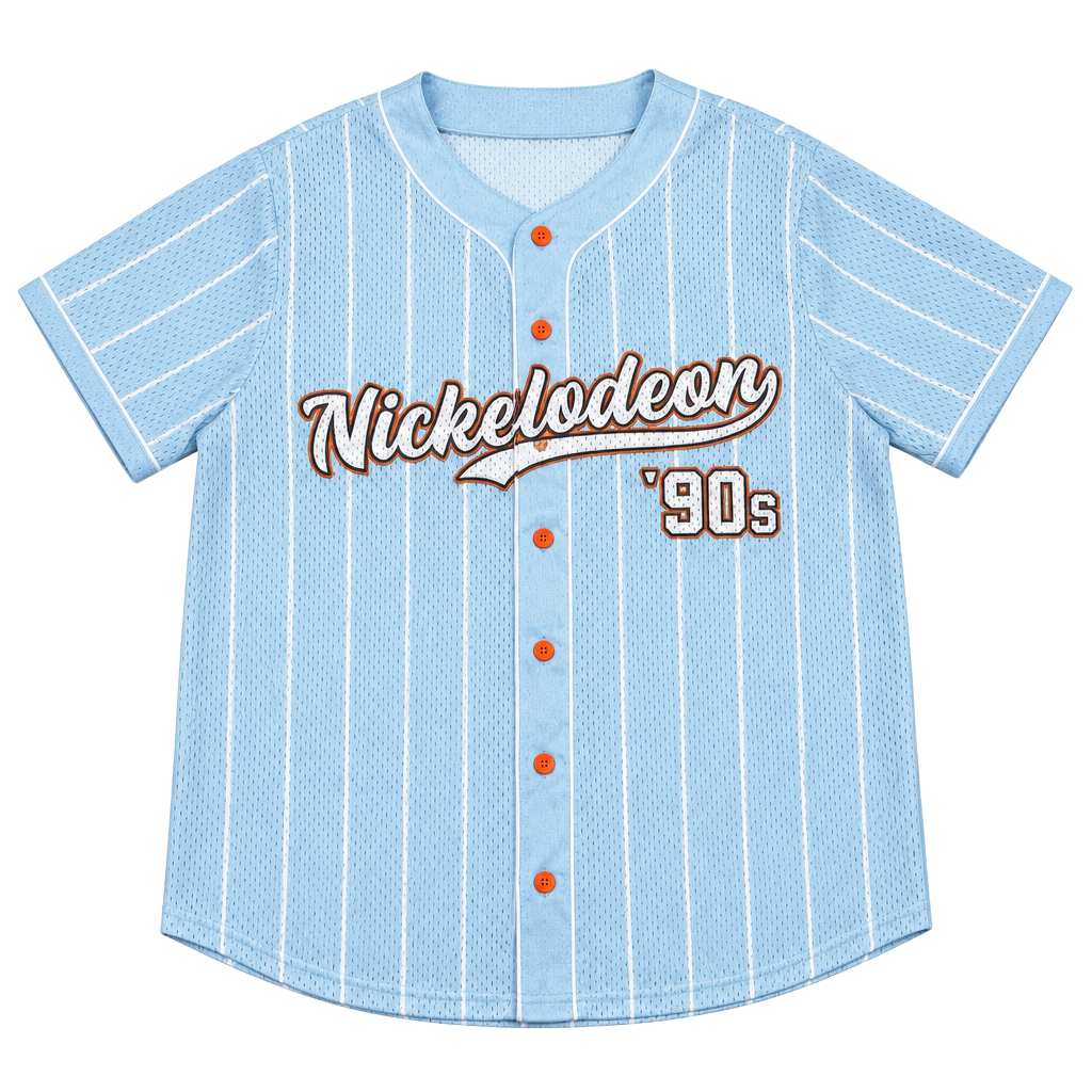 Nickelodeon 90s Baseball Jersey Men 4XL Light Blue Button Front Short Sleeve NEW 1