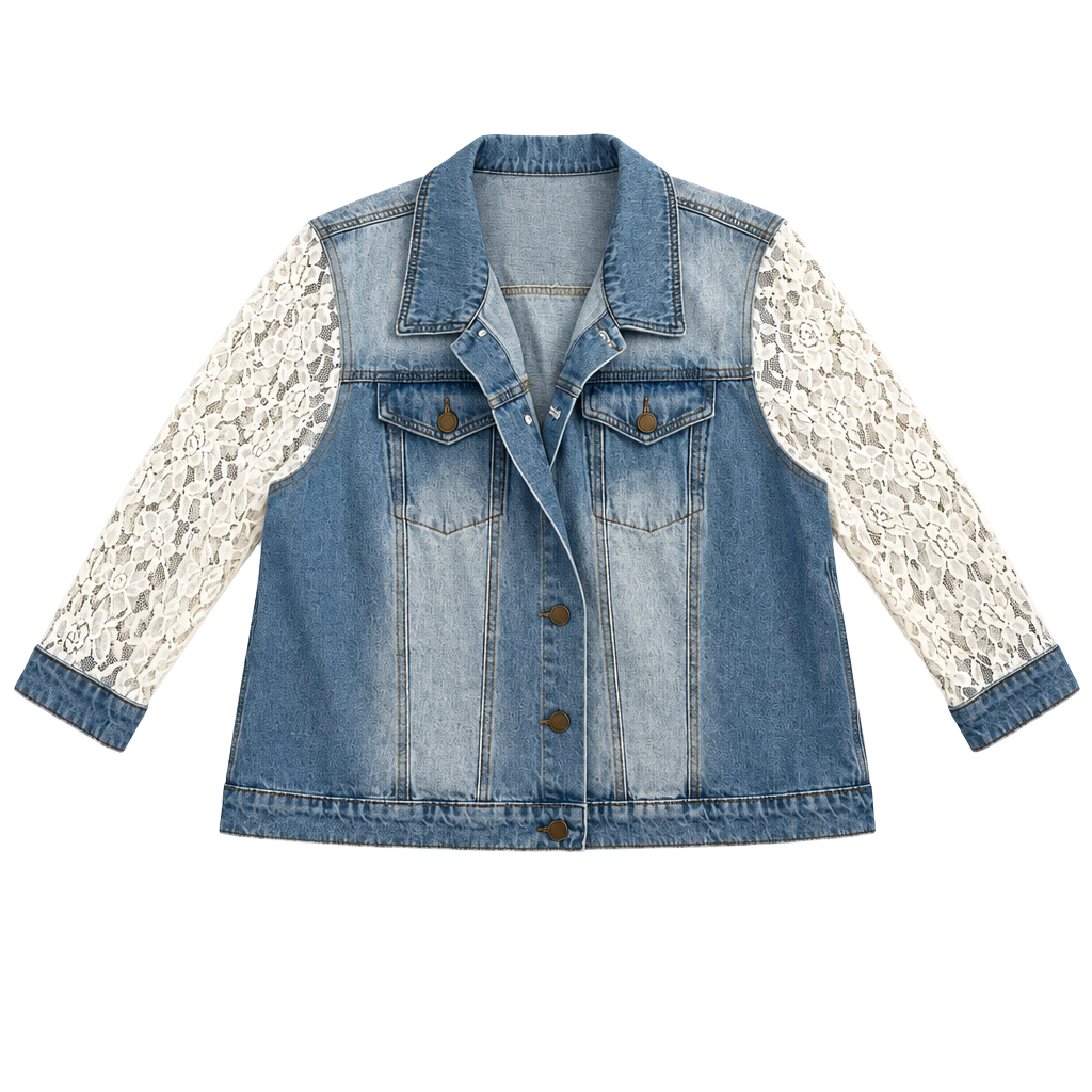 K.Jordan Plus Size 2X Denim Jacket with 3/4 Floral Lace Sleeves 1