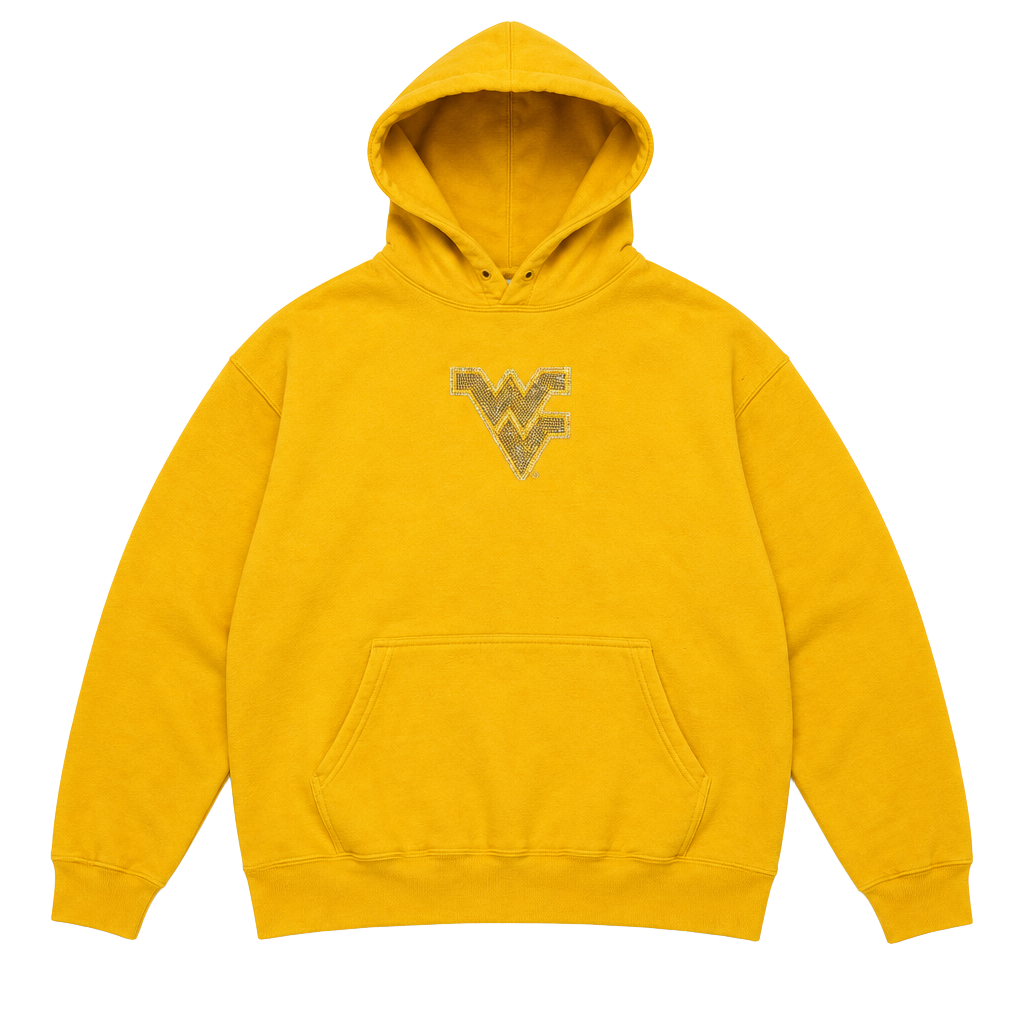 Gildan West Virginia WVU Rhinestone Logo Hoodie Size XL Yellow 1