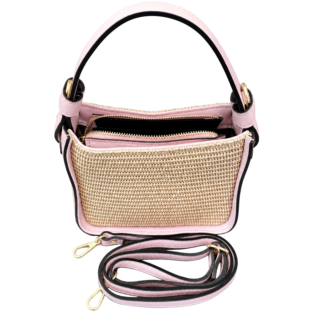 Borse In Pelle Genuine Leather Pink and Straw Shoulder Bag Made in Italy 1220 1