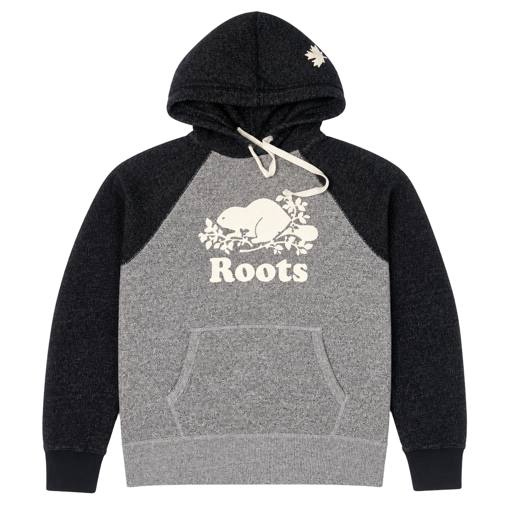 Roots Canada Salt and Pepper Contrast Kanga Hoodie with Beaver Logo 1