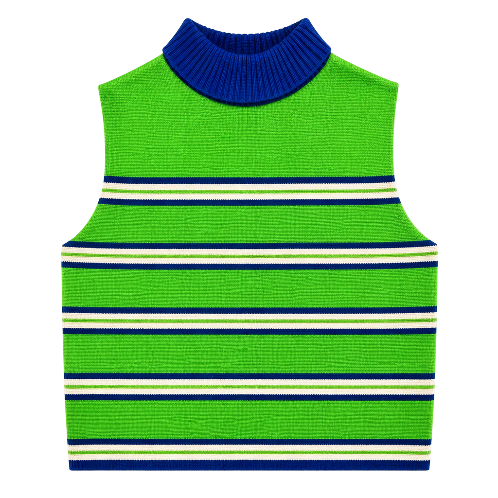 Vintage Striped Knit Sleeveless Mock Neck Vest Green Blue White 1