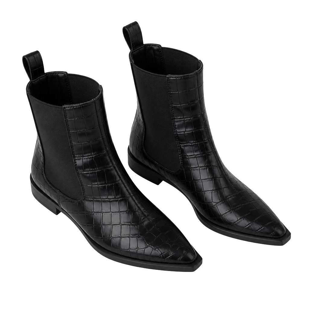 Black Crocodile Embossed Pointed Toe Chelsea Cowboy Ankle Boots with Block Heel 1