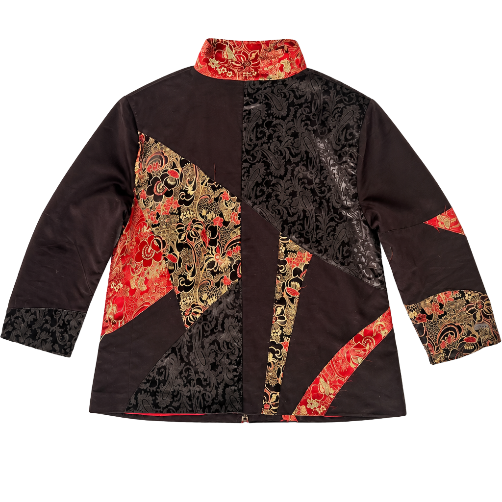 Chico's Black and Red Asian Patchwork Silk Blend Collared Zip-Up Jacket 1