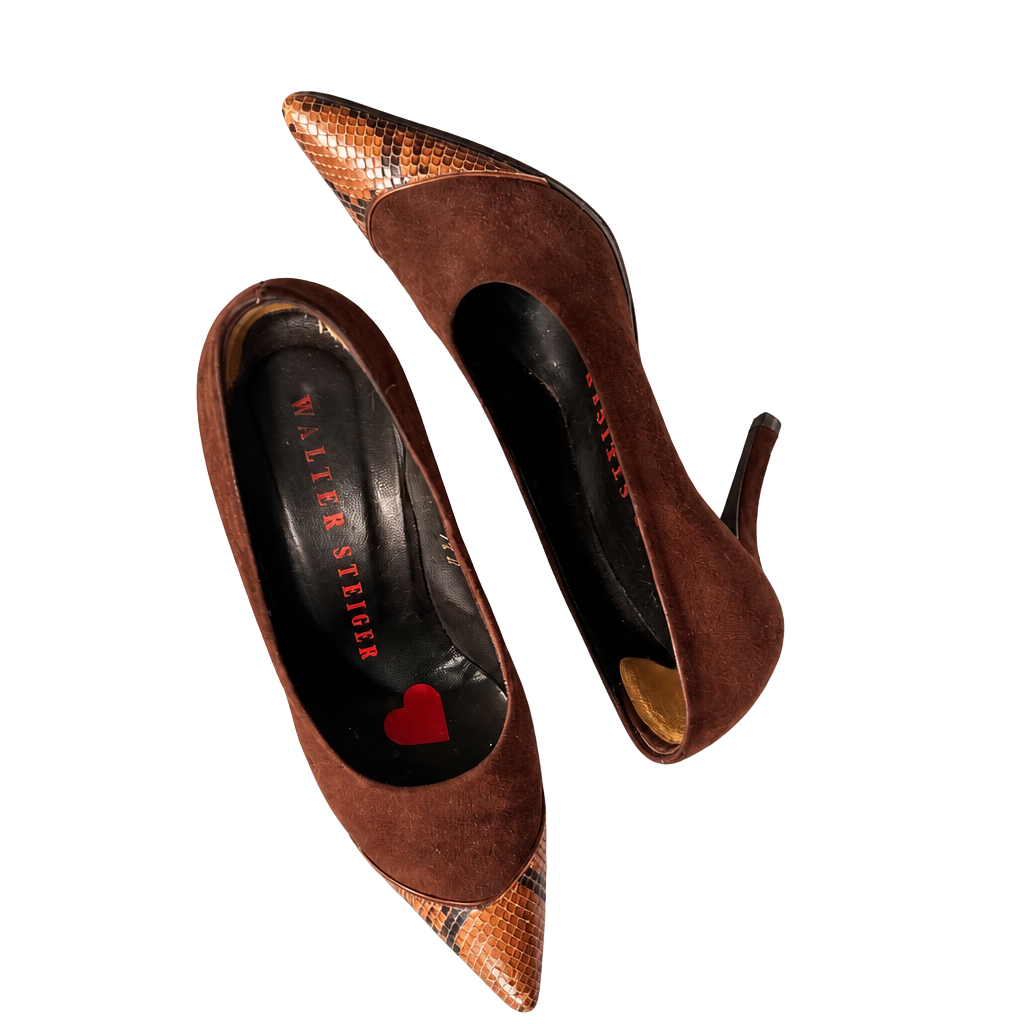 Walter Steiger Brown Suede and Snakeskin Pointed Toe Pumps 1