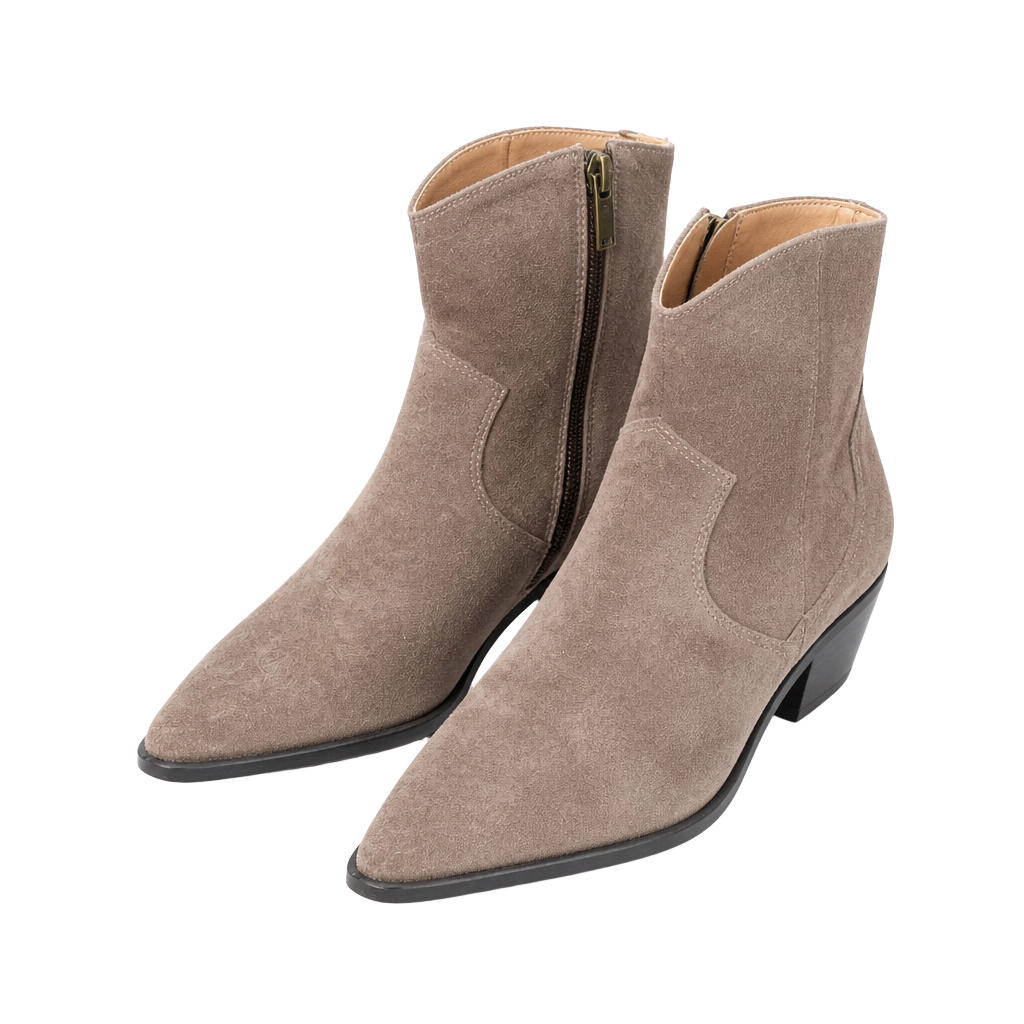 Crown Vintage Suede Pointed Toe Ankle Booties in Taupe 1