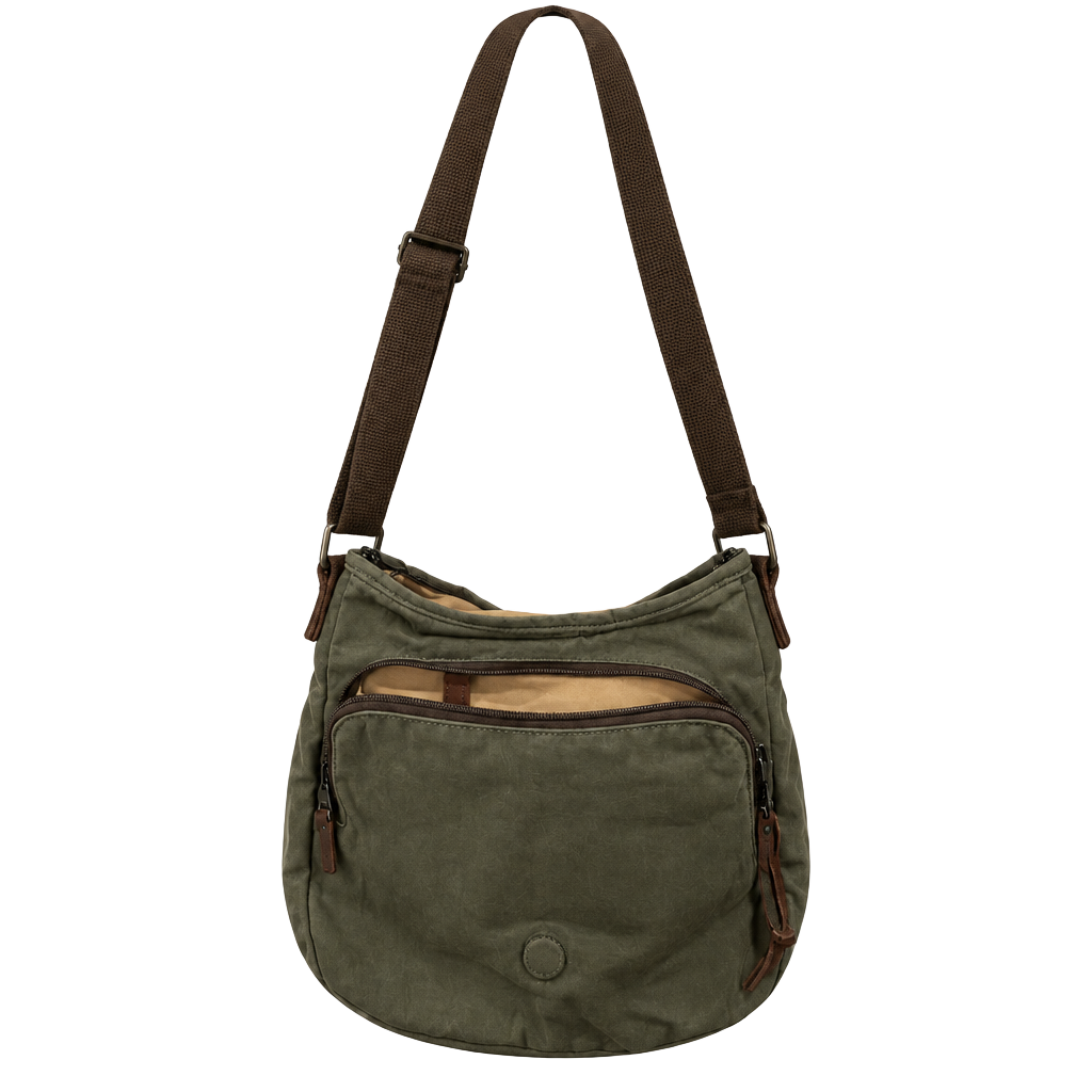 Duluth Trading Canvas Crossbody Bag Olive Green Leather Trim 1