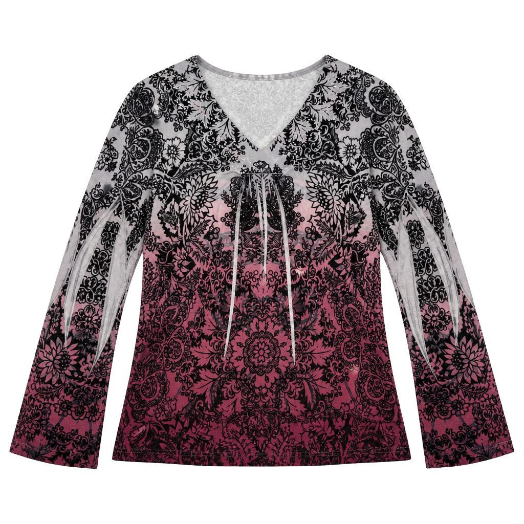 Chico's Women's V-Neck 3/4 Sleeve Embellished Ombré Mandala Print Blouse 1