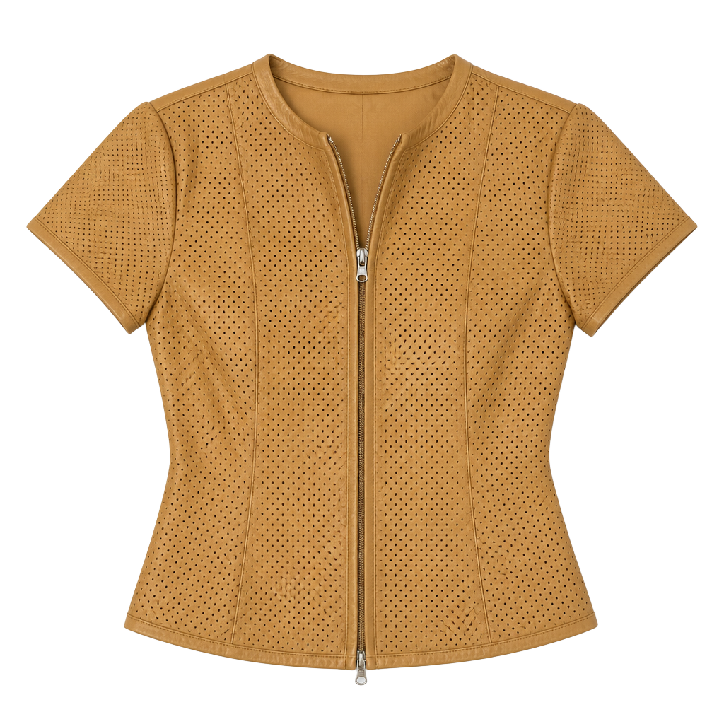 Moda International Women's Tan Perforated 100% Leather Short Sleeve Zip-Up Jacket 1