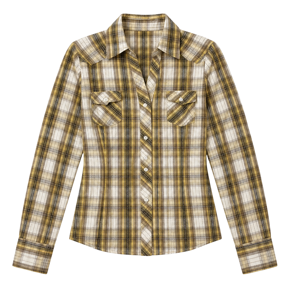 Mudd Vintage Y2K Yellow White Brown Plaid Western Button Down Shirt 1
