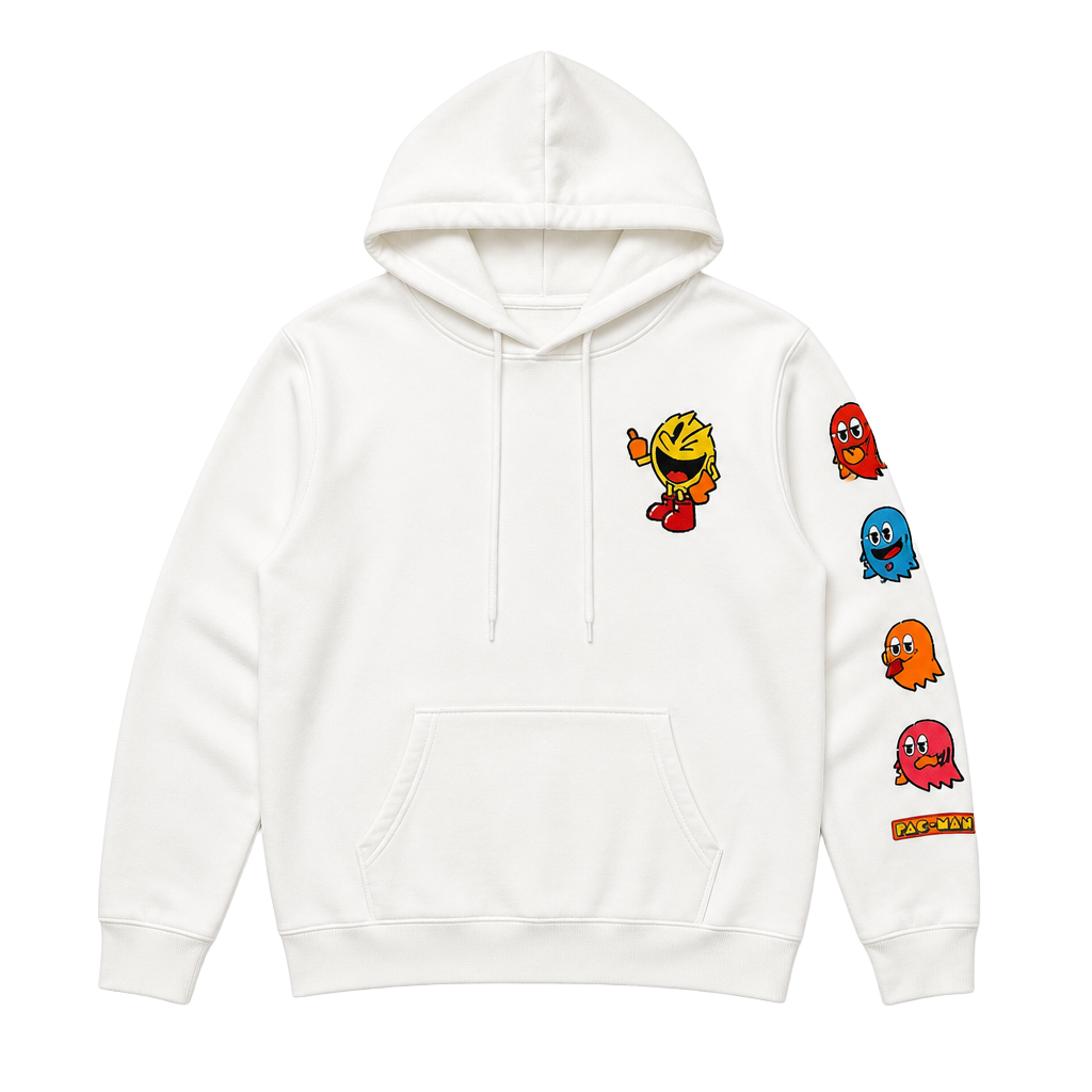 Pac-Man White Graphic Pullover Hoodie Sweatshirt with Sleeve Print 1