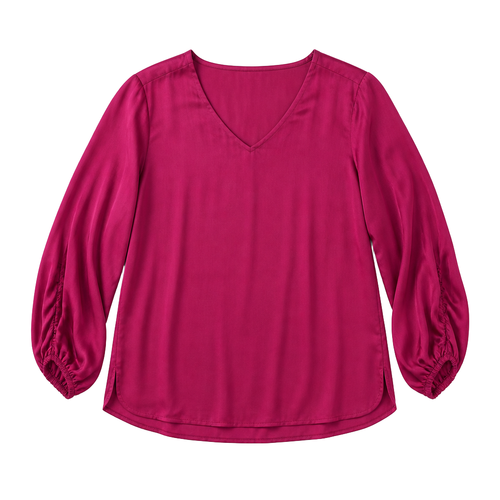 Esqualo Lafayette Balloon Sleeve V-Neck Satin Blouse - Fuchsia 1