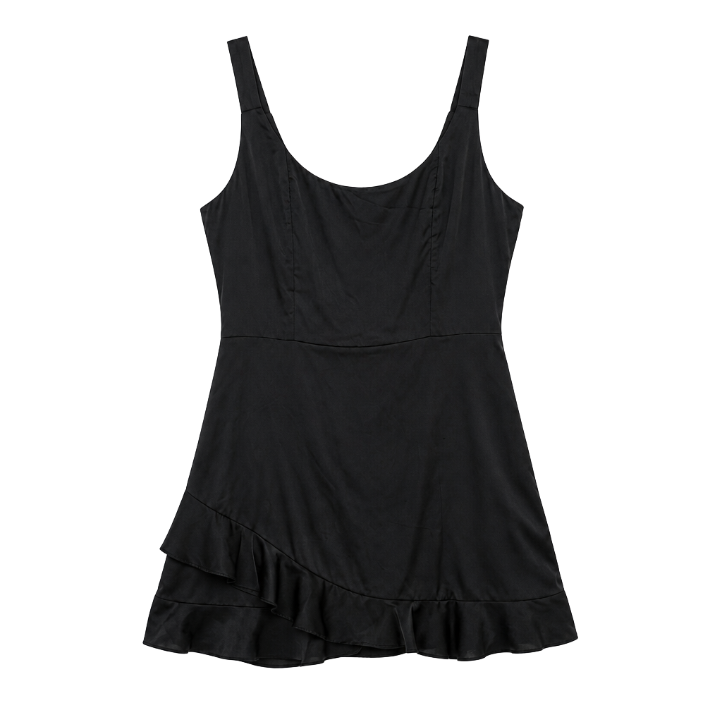 Le Lis Collection Black Satin Sleeveless Mini Dress with Ruffle Hem 1