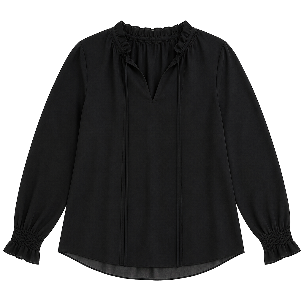 Ann Taylor Smocked Ruffle Neck Long Sleeve Tie Blouse Black Size M Black 1