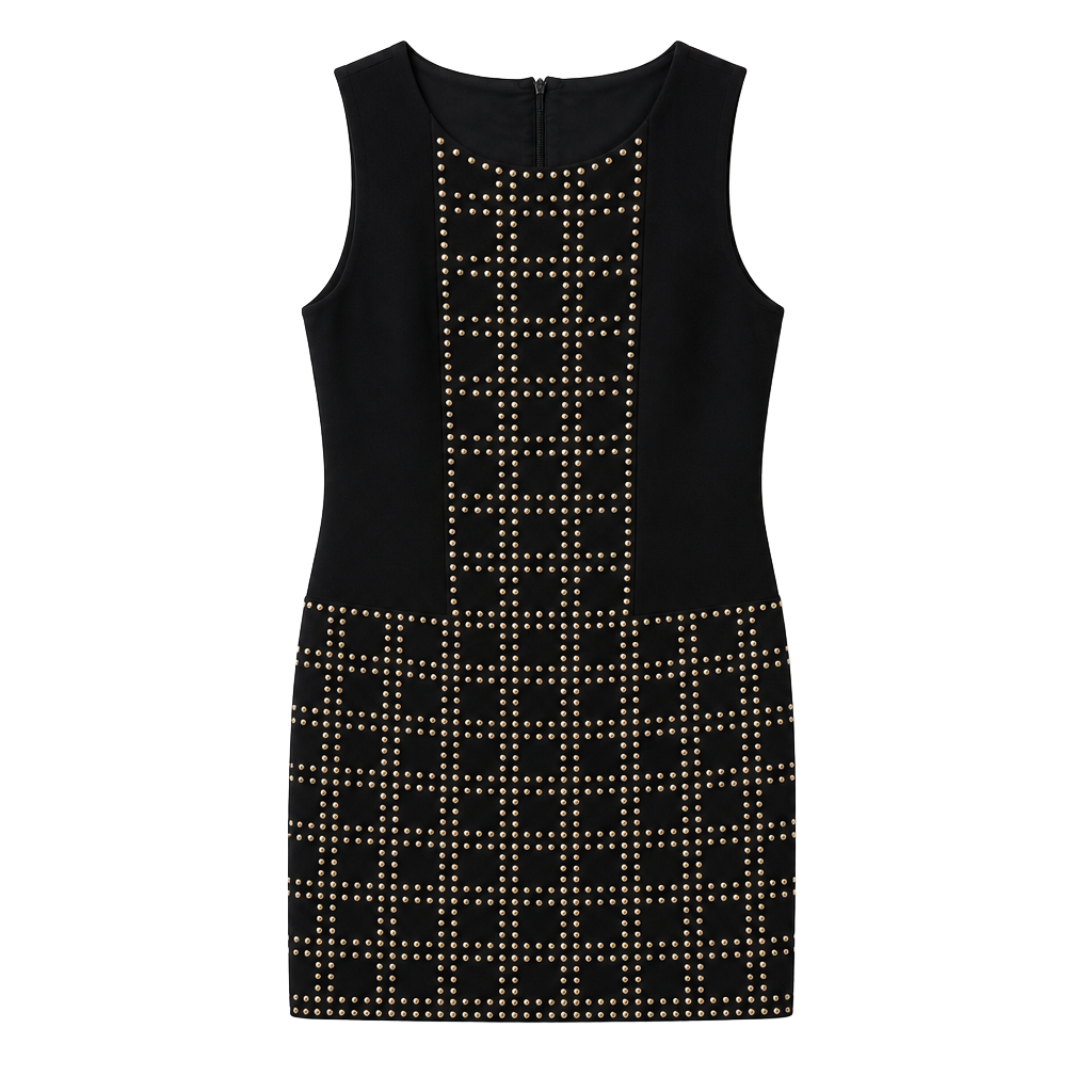 Trina Turk Black Sleeveless Sheath Dress with Gold Stud Embellishments 1