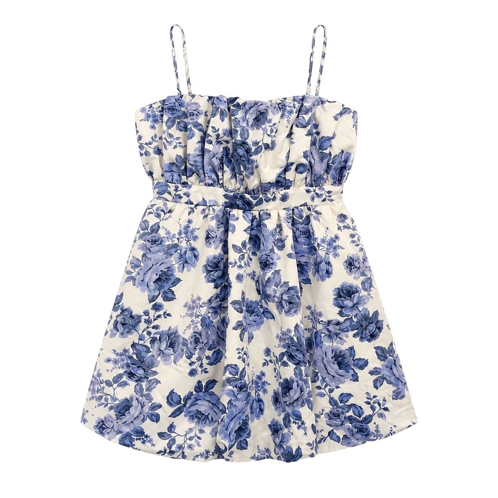 Blue and White Floral Porcelain Print Bubble Hem Mini Dress 1
