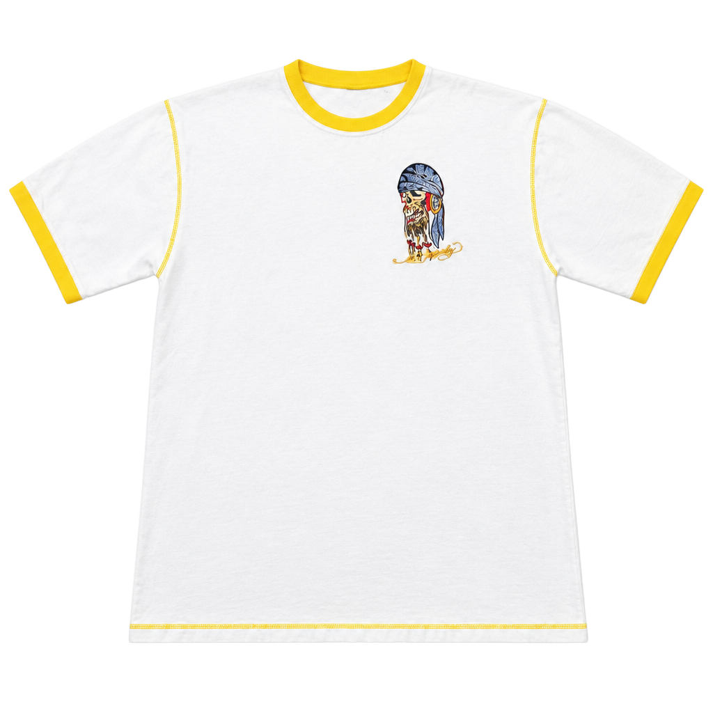 Ed Hardy Mens Ringer T-Shirt White/Yellow Embroidered Skull Graphic Tee L 1