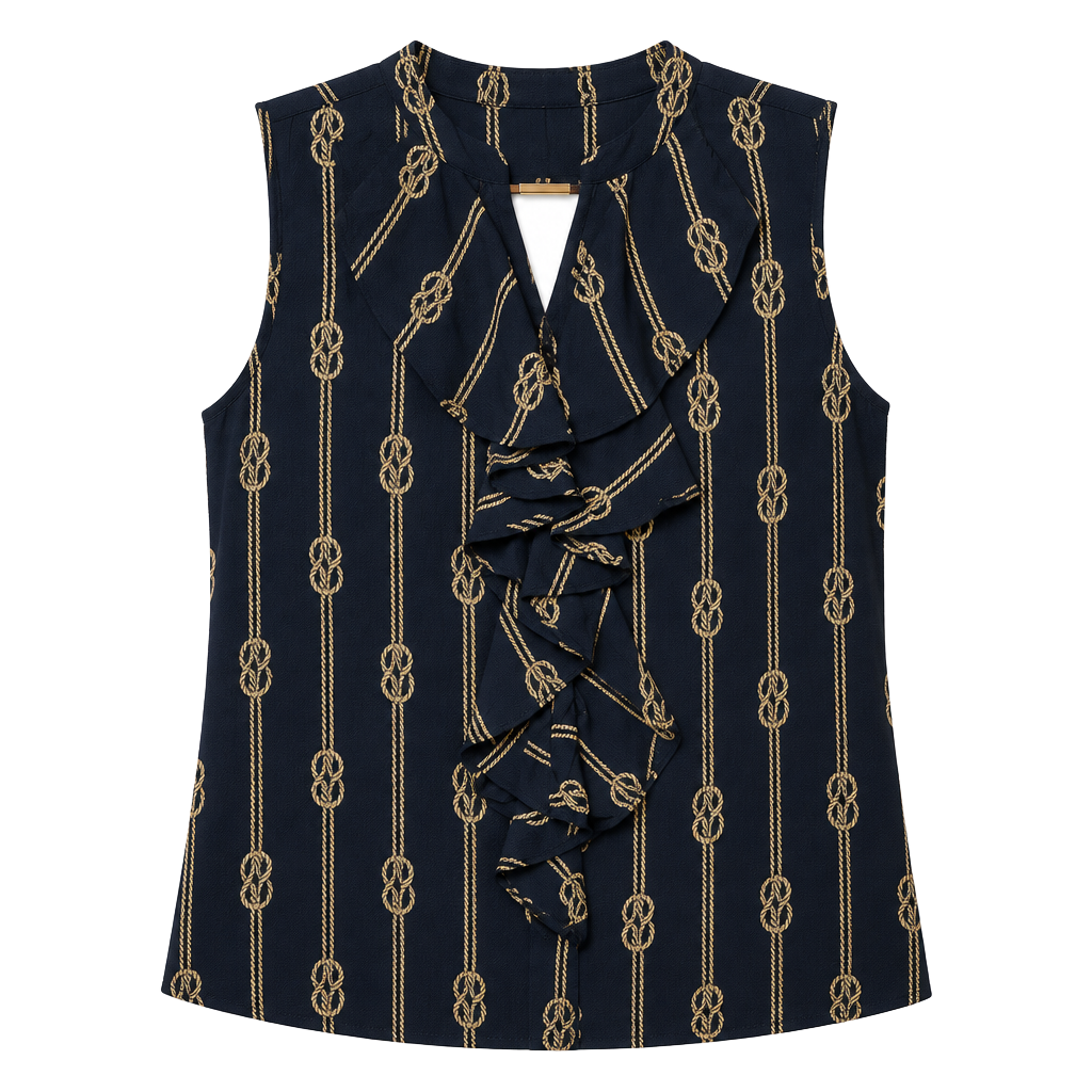 Tommy Hilfiger Sleeveless Blouse Size L Navy Nautical Rope Print Ruffle 1
