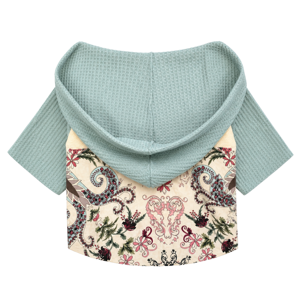Umgee Waffle Knit Short Sleeve Hoodie Top with Floral Paisley Patchwork M 1