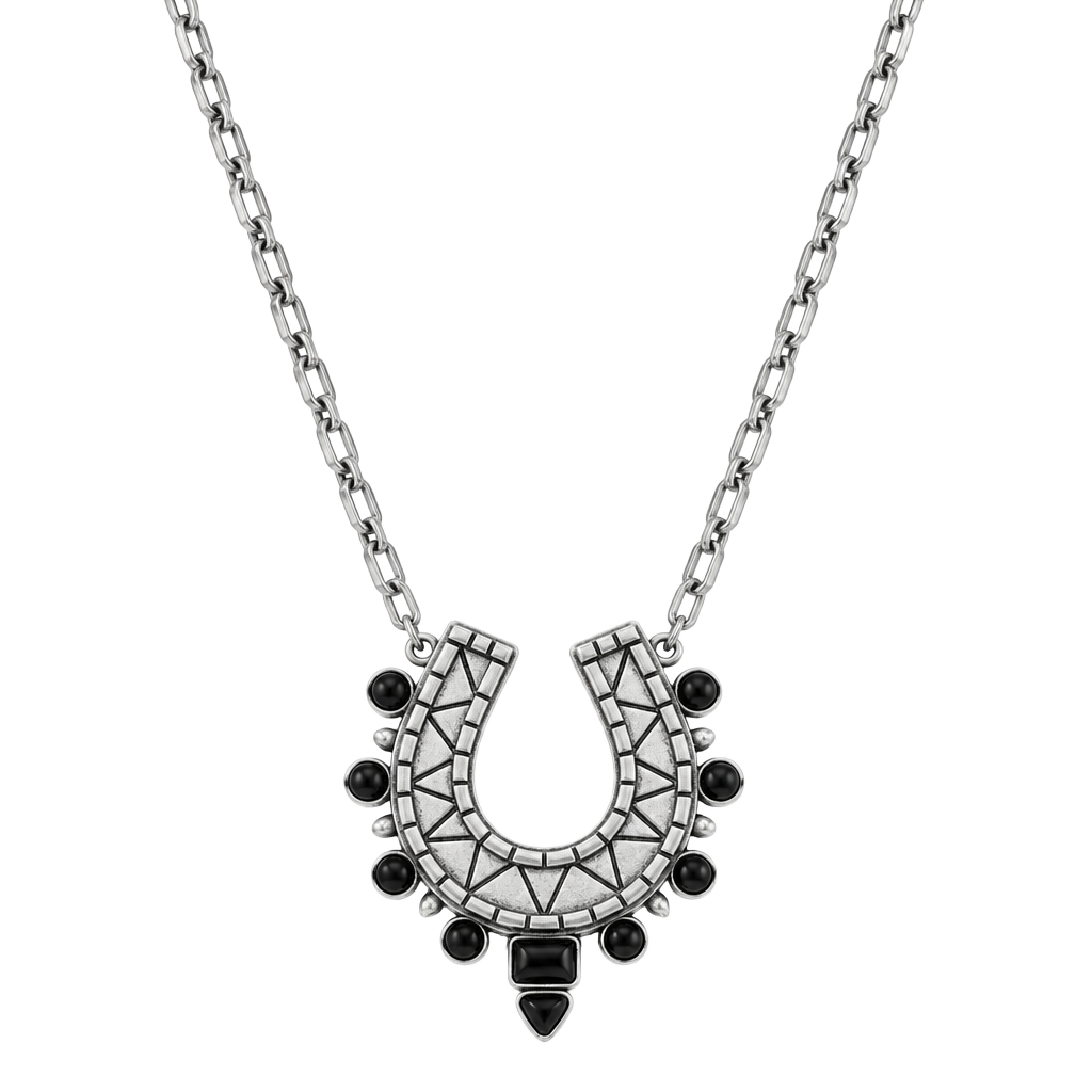 Free People Lucky Loop Necklace Silver Black Beaded Horseshoe Pendant 1
