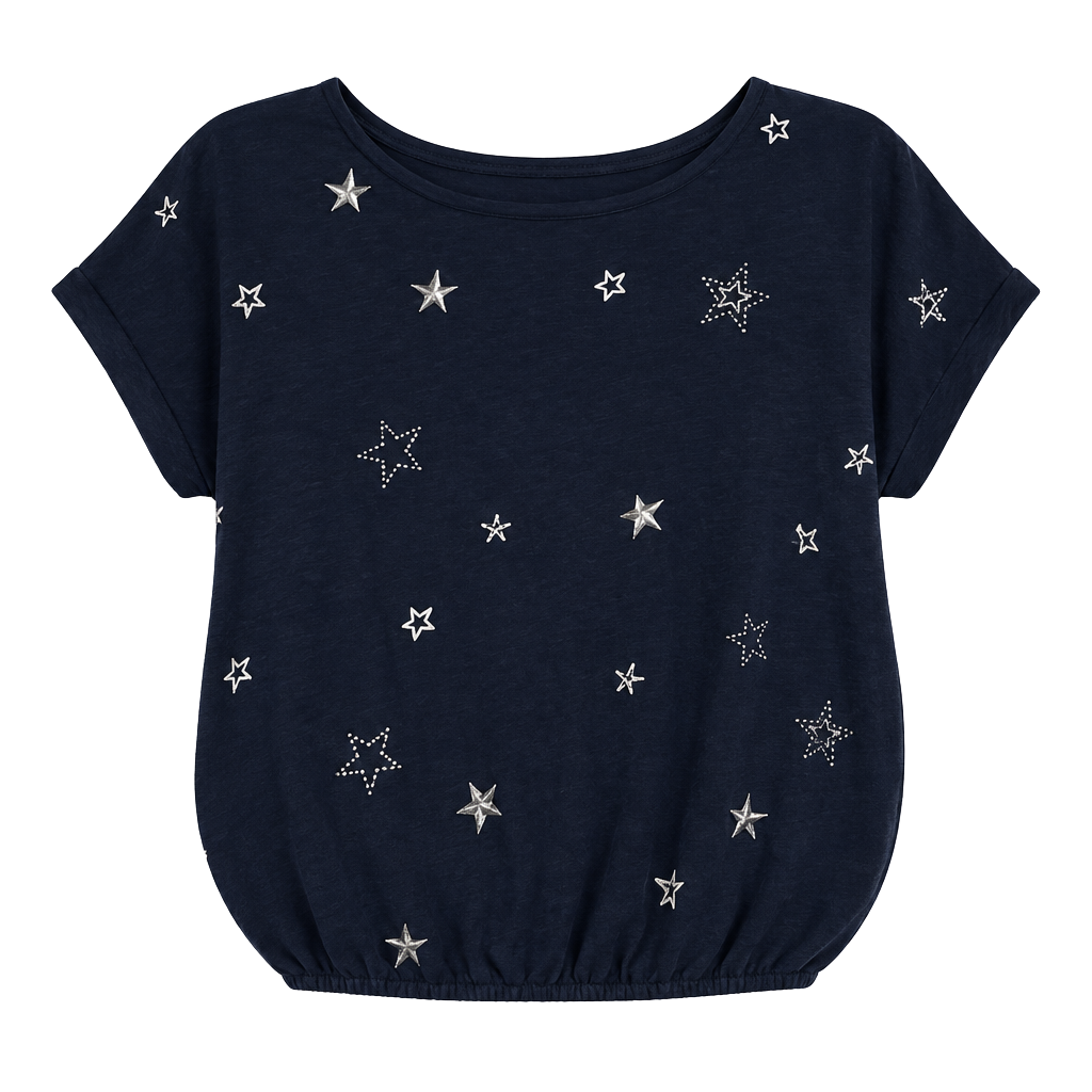 Lucky Brand Star Embroidered Top Size L Navy Blue Short Sleeve Tee 1