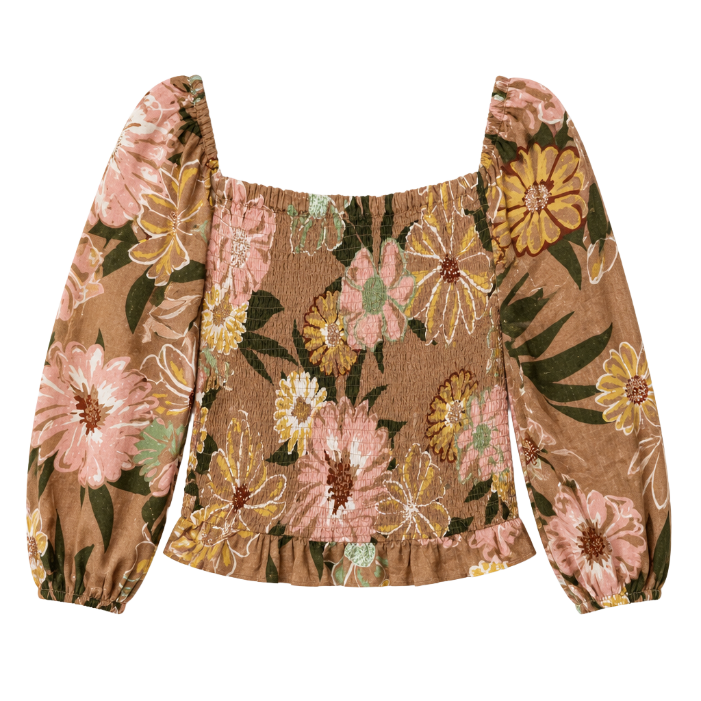 ROXY Like The Sun Again Floral Smocked Off Shoulder Crop Top Brown Size L 1