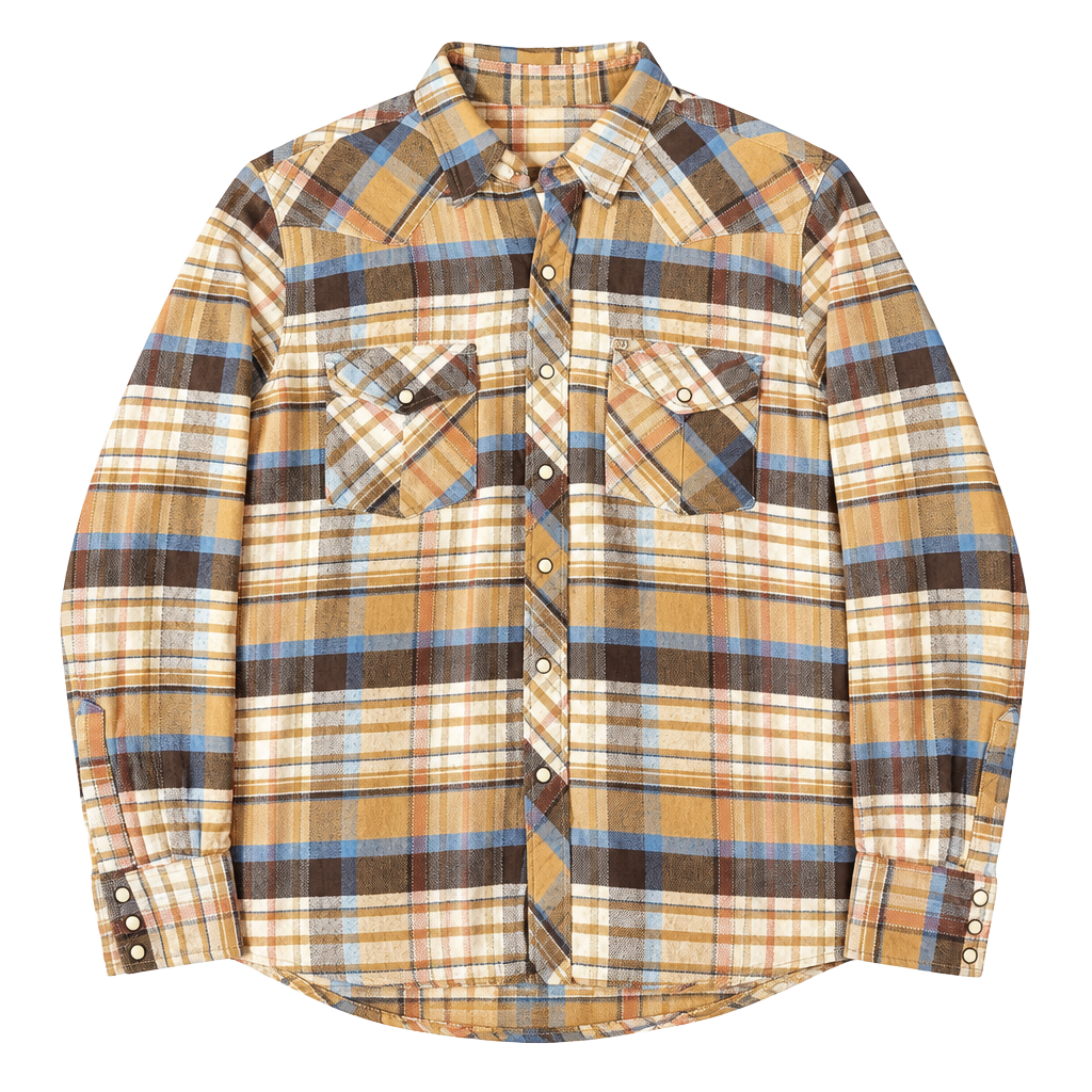 Salt Valley Western Plaid Long Sleeve Pearl Snap Shirt Size M Brown Blue 1