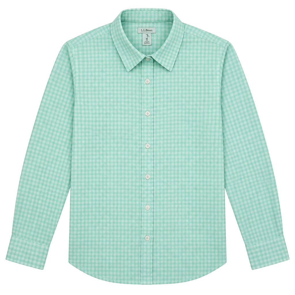 LL Bean Button Up Shirt Size M Reg Green White Gingham Long Sleeve 1