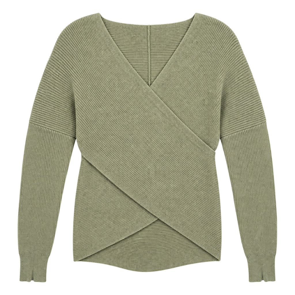 ZCSIA Wrap Sweater Size M Green Criss Cross V-Neck Ribbed Pullover 1