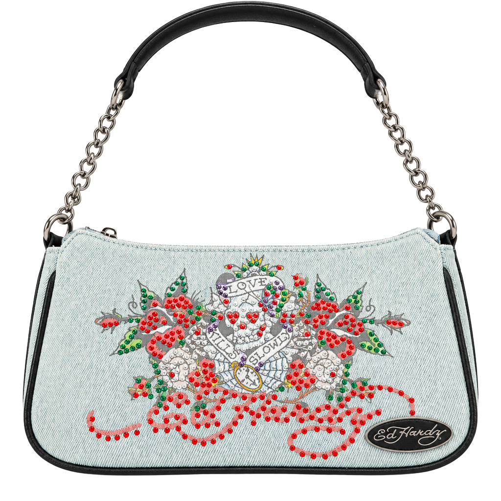 Ed Hardy Love Kills Slowly Denim Crossbody Bag red Rhinestone 1