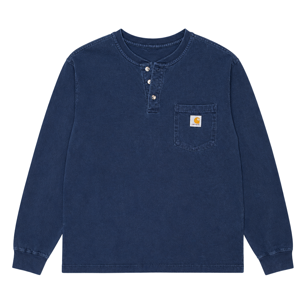 Carhartt Men's Long Sleeve Henley Pocket T-Shirt Navy Blue Size Medium 1