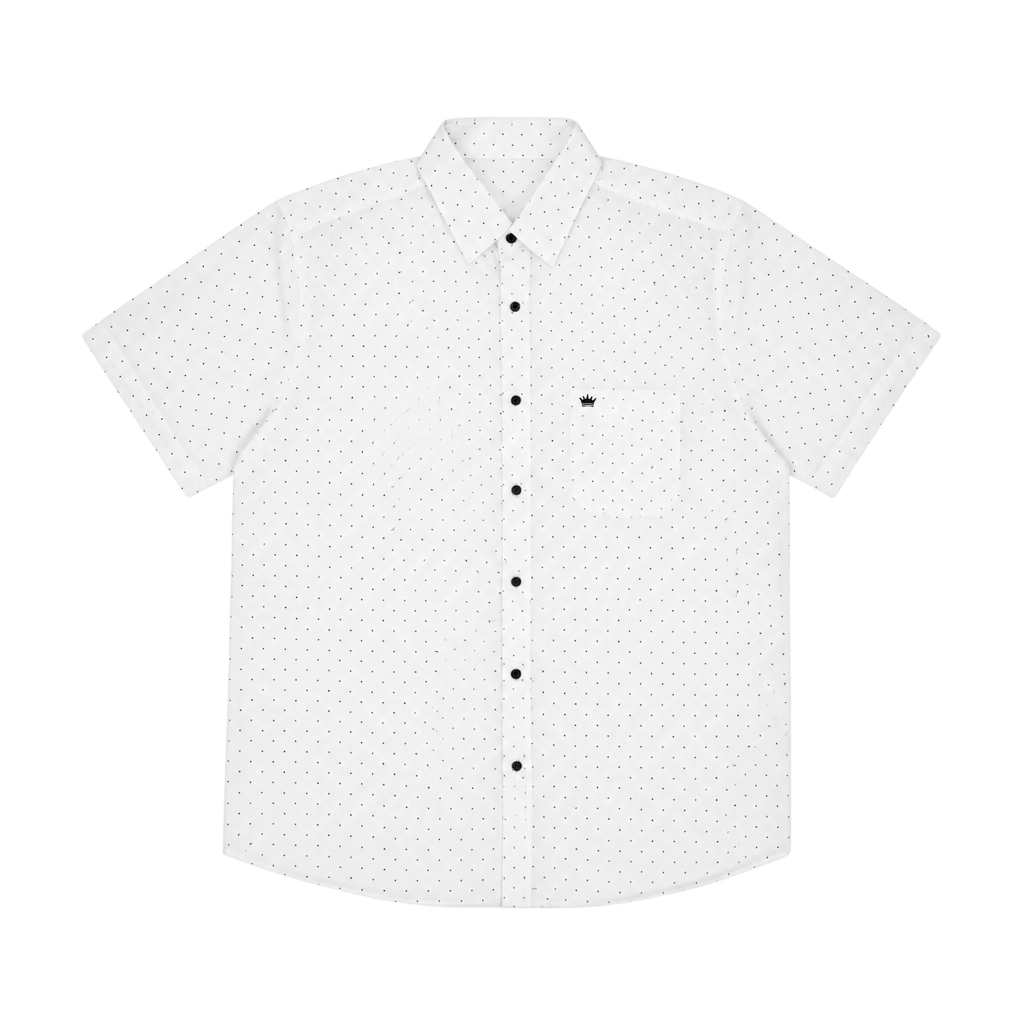 The Crown Men's White Short Sleeve Button-Up Shirt with Black Polka Dot Print 1