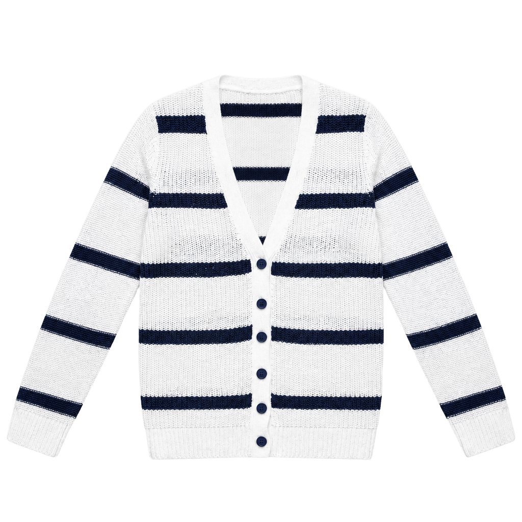 Old Navy Striped Cardigan Size M White Navy Blue V-Neck Sweater 1