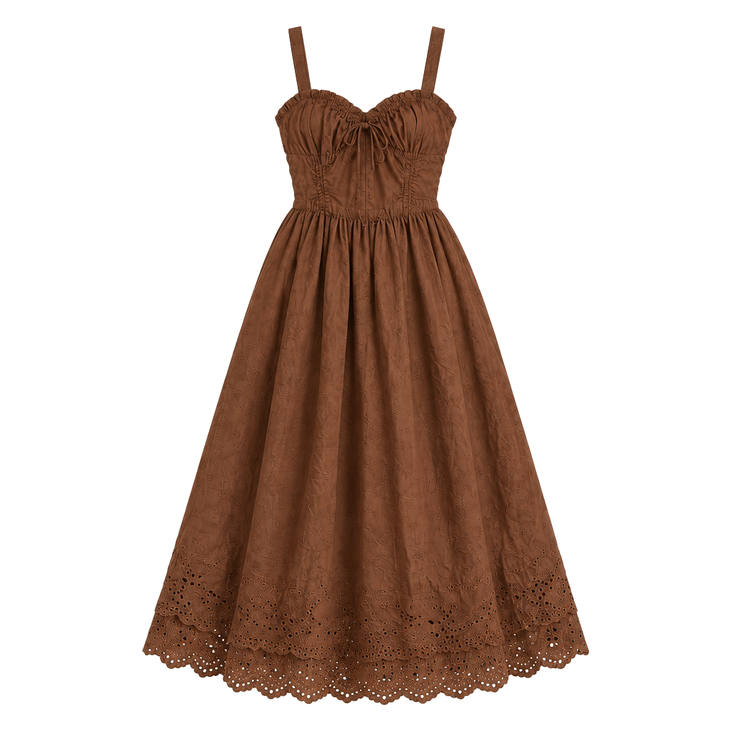 En Saison Midi Dress Size M Brown Eyelet Trim Cami Fit And Flare 1