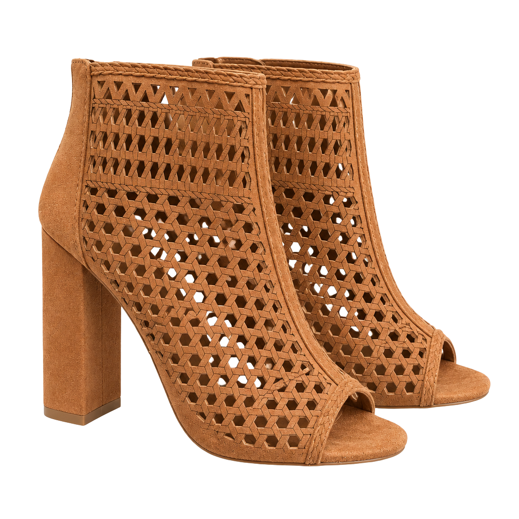 Report Wiola Tan Suede Laser Cut Peep Toe Booties Size 7 1