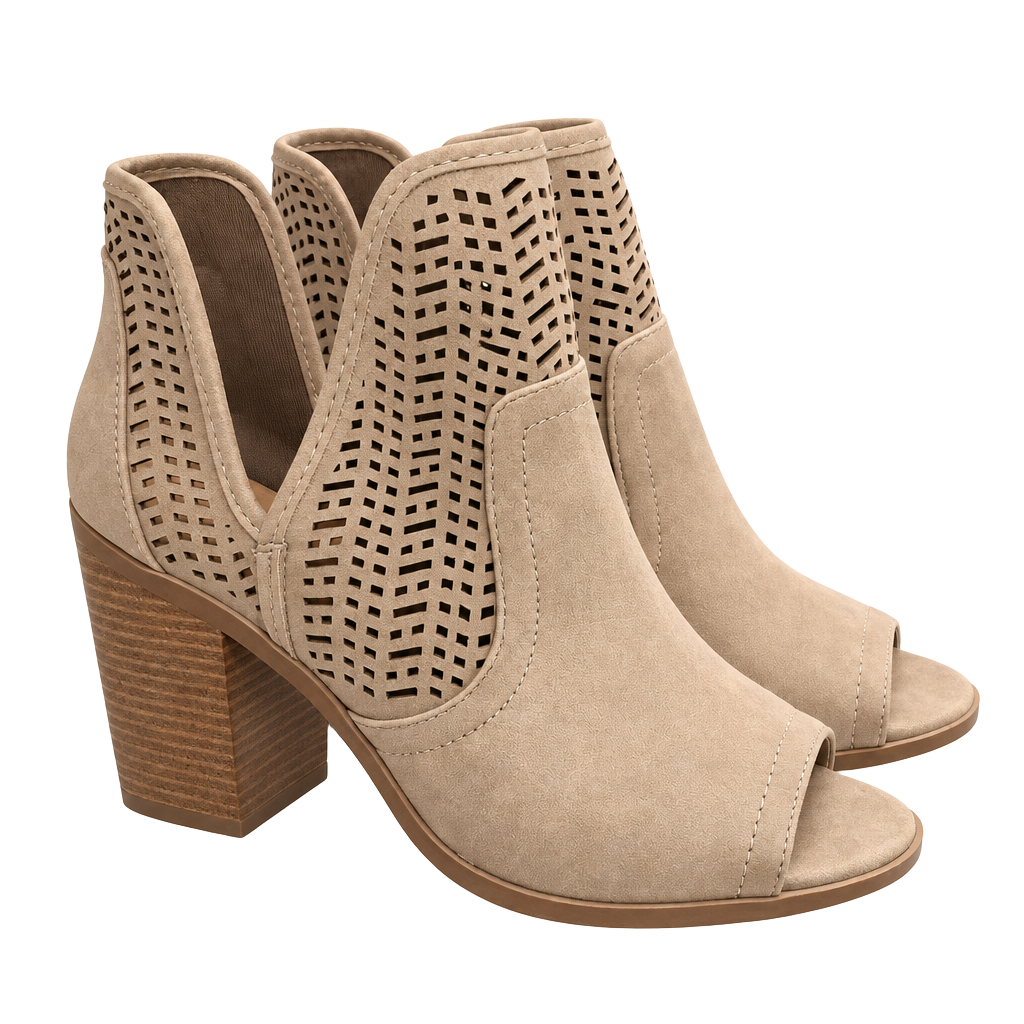 Nude Peep Toe Booties Wooden Chunky Heel Hollow Out Ankle Boots 1