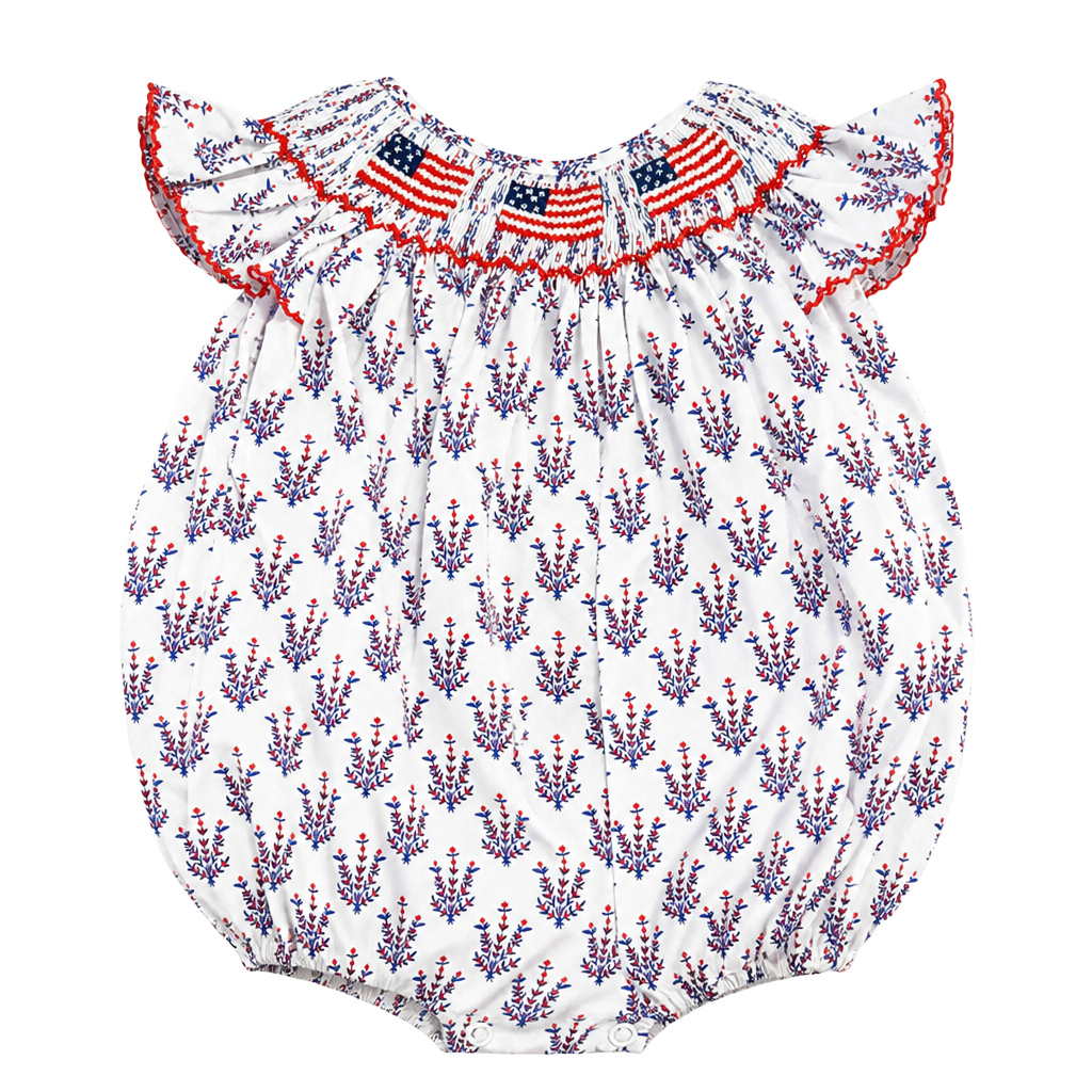 Poppy Kids Co Smocked Bubble Romper Size 12M Patriotic Floral Flag USA America 1