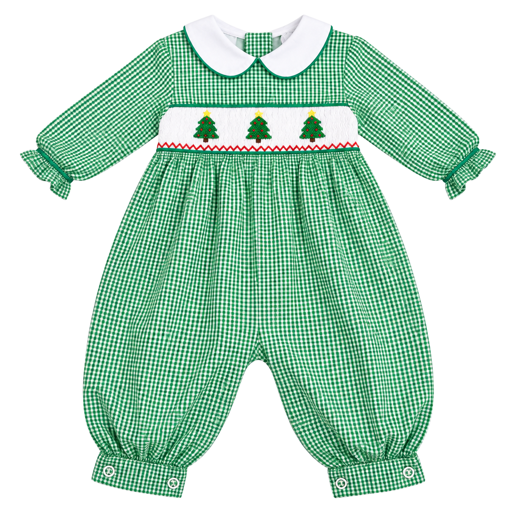 Shop Teeta Christmas Tree Smocked Romper Size 3M Green Gingham 1