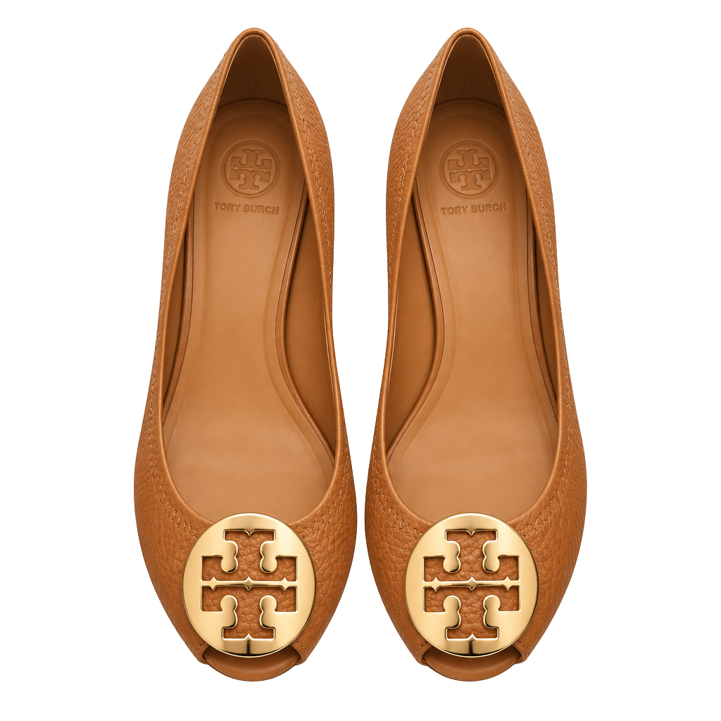 Tory Burch Sally 2 Wedge Size 6M Brown Leather Peep-Toe Gold Logo 1