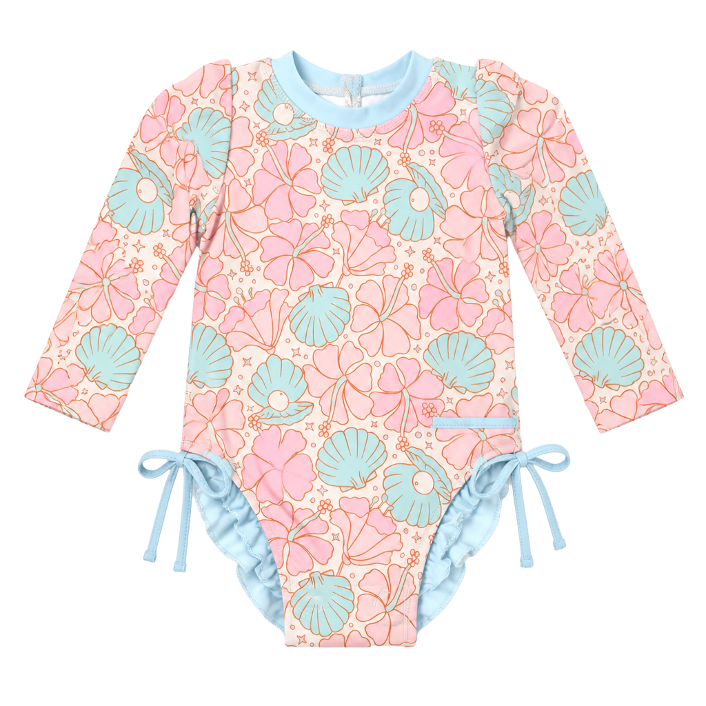 Caden Lane Long Sleeve Rashguard Swimsuit Size 6-12 Months Floral Seashell 1