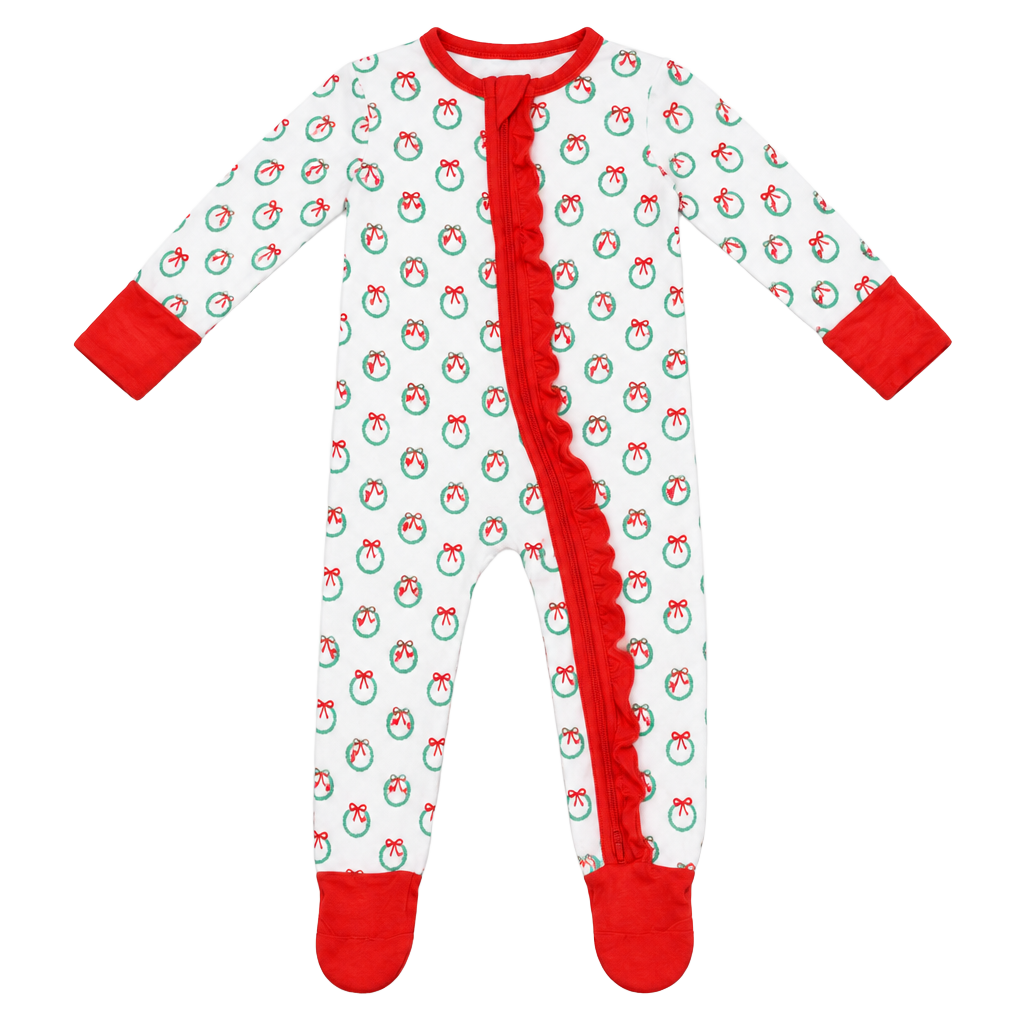 Bamboo Baby Wreath Christmas Ruffle Sleeper Size 6-12M 1