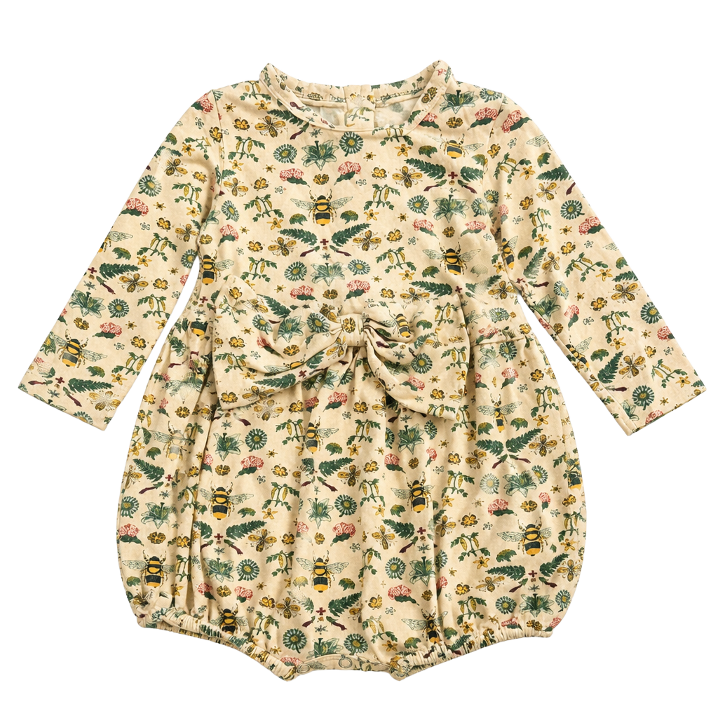 Kate Quinn The Woods Long Sleeve Bow Bubble Romper Size 6-12m Bee Floral Plant 1