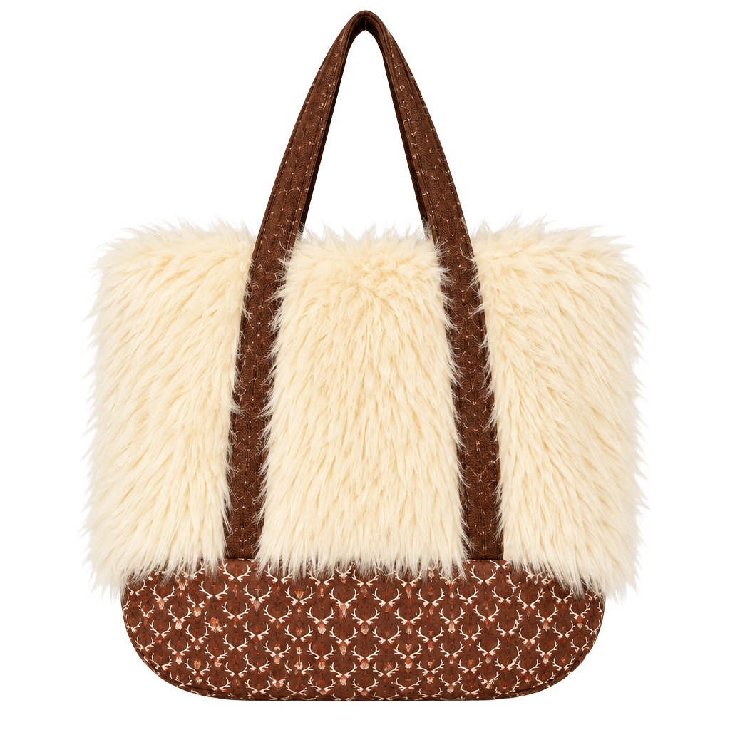 Handmade Faux Fur and Antler Print Tote Bag Mushroom Lining 1