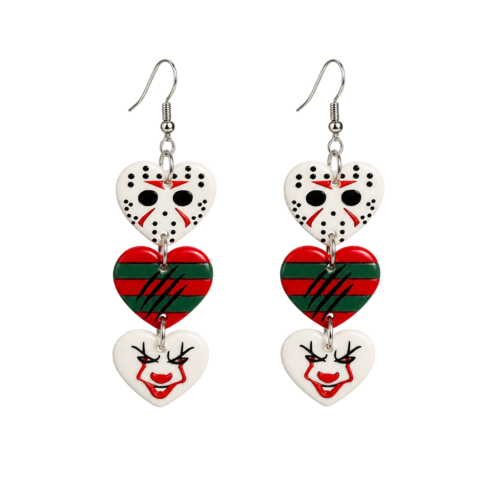 Horror Movie Triple Heart Dangle Earrings Jason Freddy Pennywise 1
