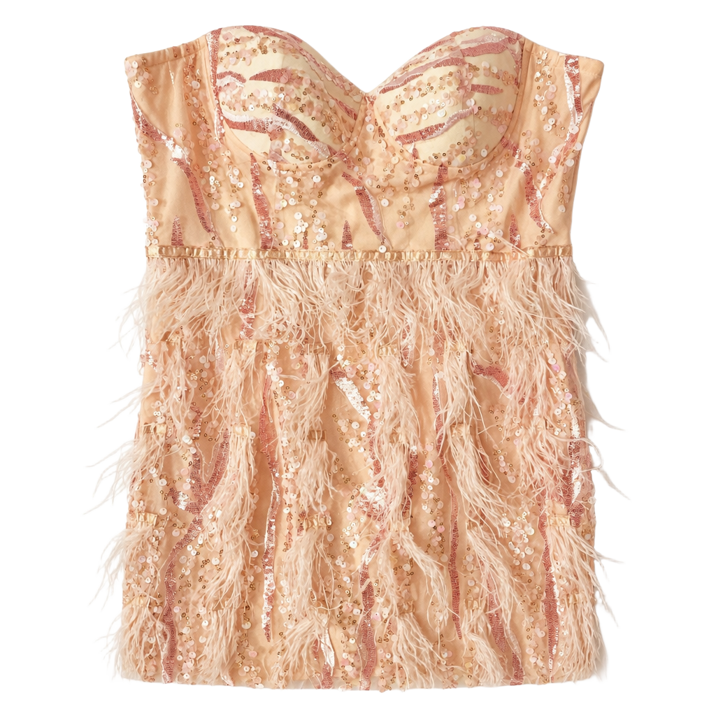 Strapless Sequin and Feather Mini Dress Pink Size L 1