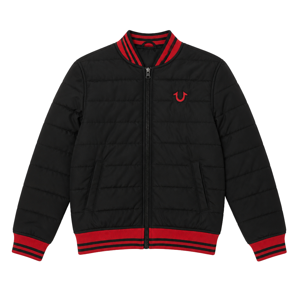 True Religion Kids Black and Red Quilted Bomber Jacket Size 6 1