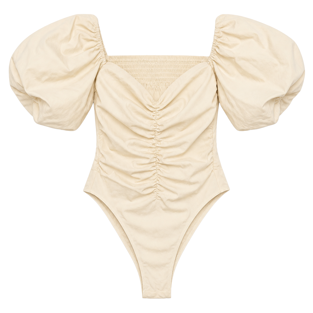 Fashion Nova Cream Ruched Puff Sleeve Bodysuit 1